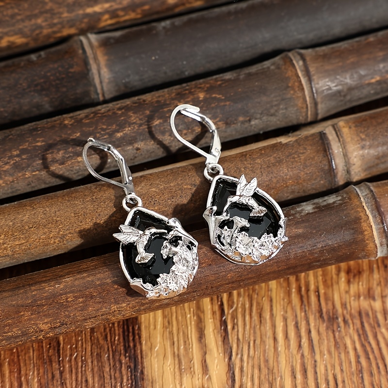 Women's Dark-Style Hummingbird Black Teardrop Earrings
